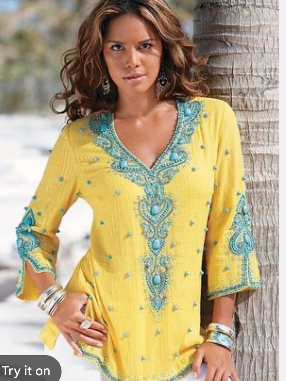 Boston Proper tunic top yellow fabric  turquoise beading embellishments Size XS
